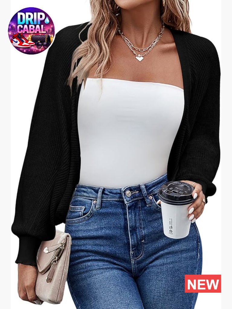 Women's Knitted Long Batwing Sleeve Cropped Bolero Cardigan Open Front Shrug